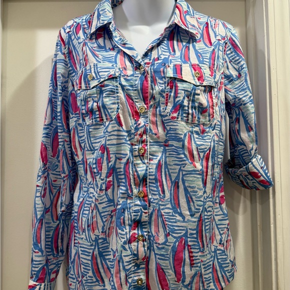 Lilly Pulitzer Button Down Cruiser Resort Sailboat Blouse Size 8 - Picture 6 of 8